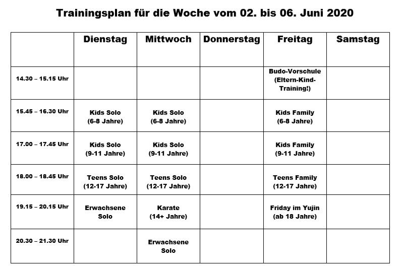 Trainingsplan für die Woche vom 02.-05. Juni 2020