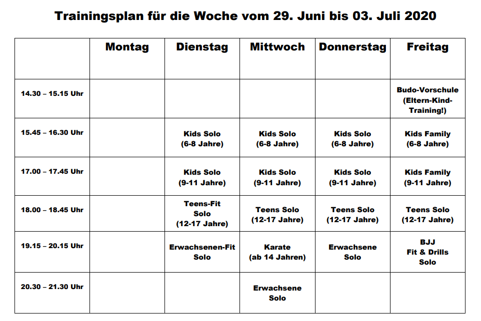 Trainingsplan für die Woche vom 29.06. bis 03.07.2020
